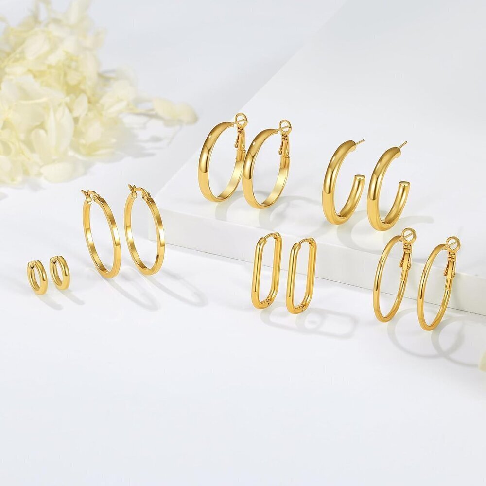 6 Pairs Gold Silver Hoop Earrings Set for Women Hypoallergenic 14K Gold Plated - Picture 3 of 7